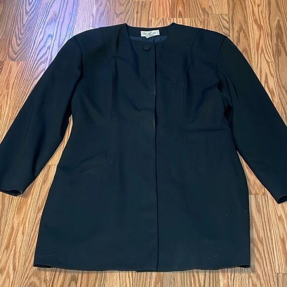Vintage Tahari Wool Dress Jacket Coat Black, Quiet Luxury, long blazer, 12 - Picture 2 of 9